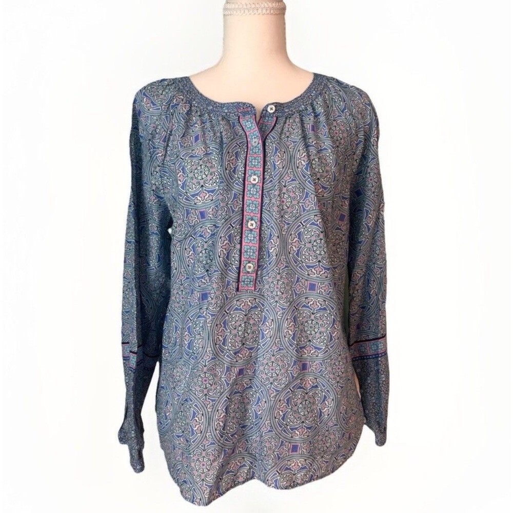 Talbots Petite Blue Pink Medallion Print Peasant Blouse Cotton Long Sleeve MP